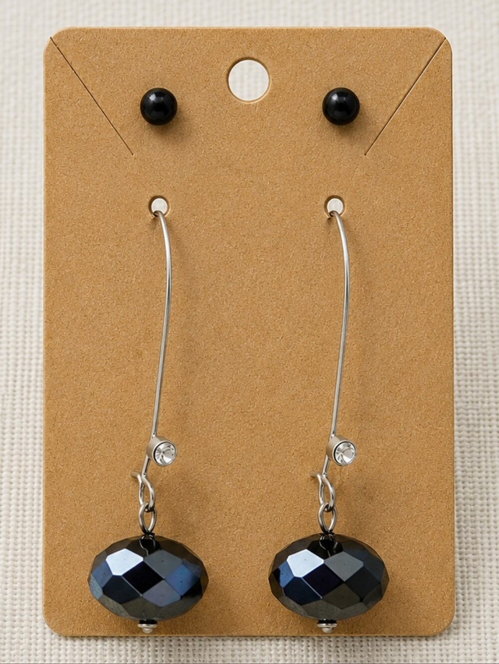 Curved Wire Drop Faceted Iridescent Bead Earrings Dark Navy Black